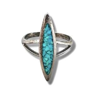 Vintage Sterling Silver Turquoise Chip Inlay Southwest Marquise 925 Band Ring 8